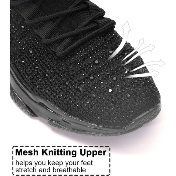 Women's Rhinestone Mesh Slip On Walking Breathable Glitter Sneaker Shoes Black - Picture 3 of 6